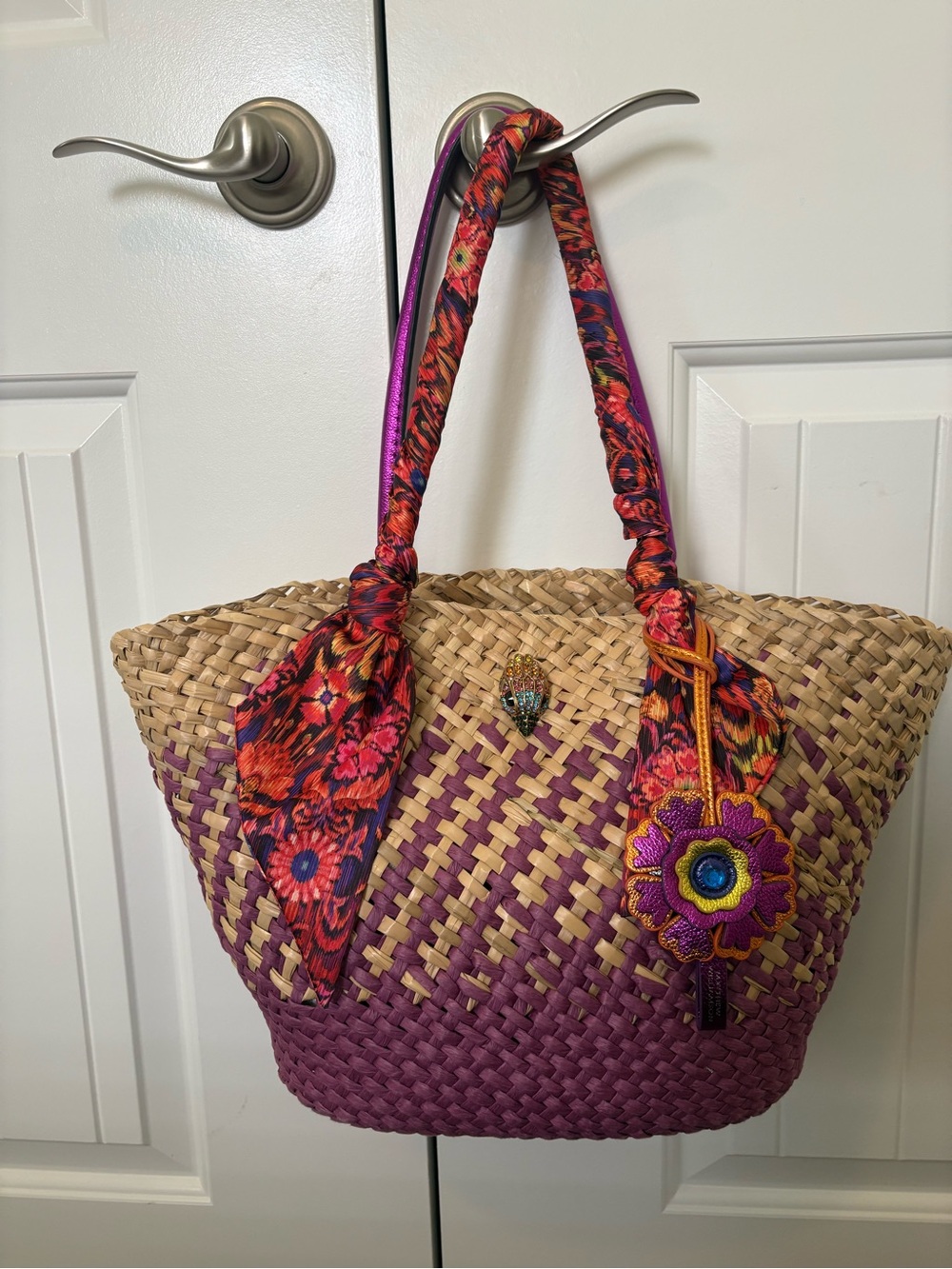 Kurt Geiger Purple-Trim Straw Tote with Floral Scarf Handles - Picture 1 of 7